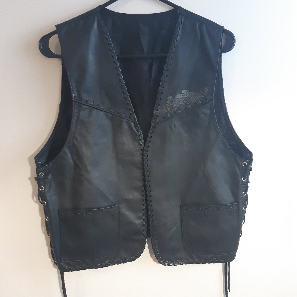 Vintage Genuine Leather - Men's - Sleeveless Vest - Embossed Eagle - Biker Style